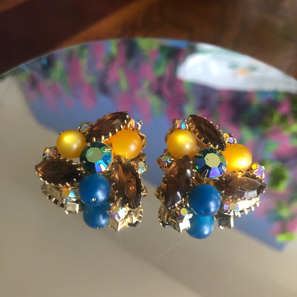 Vintage marquis faceted brown topaz glass colorful pearl clip on earrings